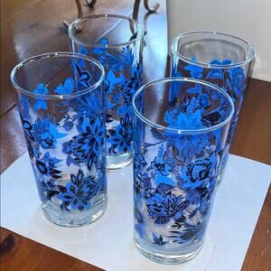 Set of 4 Cristar Mikonos Blue Floral Flowers Highball Tumbler Glasses